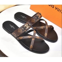 Elegant Louis Vuitton Cross Strap Flat Slide Sandals Brown Monogram Canvas 330111