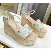 Super Quality Louis Vuitton Starboard Monogram Canvas Wedge Sandal 033111 White/Blue 2021