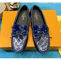 Top Design Louis Vuitton Gloria Monogram Leather Flat Loafer 040838 Dark Blue 2021