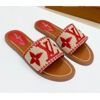 Good Quality Louis Vuitton Lock It Raffia Flat Slide Sandals 042801 Red 2021