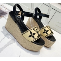 Best Product Louis Vuitton Boundary Raffia Wedge Sandals 050639 Black 2021