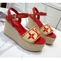 Shop Duplicate Louis Vuitton Boundary Raffia Wedge Sandals 050639 Red 2021