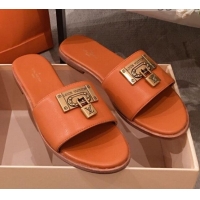 Luxurious Louis Vuitton Lock It Flat Slide Sandals with Lock Charm Orange Leather 051067