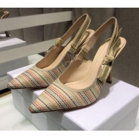 Duplicate Dior J'Adior Slingback Pumps 9.5cm in Multicolor Gold Metallic Thread Embroidered Cotton 042708