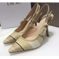 Discount Dior J'Adior Slingback Pumps 9.5cm in Beige Stripes Embroidered Cotton 042711