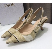 Best Luxury Dior J'Adior Slingback Pumps 6.5cm in Beige Stripes Embroidered Cotton 042712