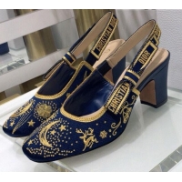 Beautiful Dior x Moi Slingback Pumps 6.5cm in Navy Blue Star Embroidered Cotton 042724