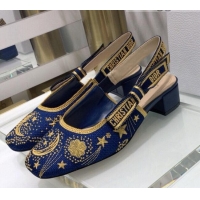 Low Price Dior x Moi Slingback Pumps 3.5cm in Navy Blue Star Embroidered Cotton 042724