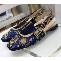 New Fashion Dior x Moi Slingback Ballerinas Flats in Navy Blue Star Embroidered Cotton 042724