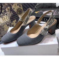 Stylish Dior x Moi Slingback Pumps 6.5cm in Grey Ribbon Embroidered Cotton 042733