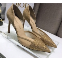 Top Quality Dior Crystal Suede Pumps 7cm 042748 Camel Brown