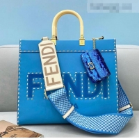 Well Crafted Fendi Sunshine Stitching Leather Medium Shopper Tote Bag FD0301 Blue 2021