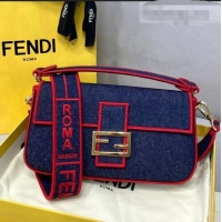 Good Product Fendi Baguette Medium Denim Flap Bag FD0315 Dark Blue/Red 2021