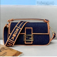 Famous Brand Fendi Baguette Medium Denim Flap Bag FD0315 Dark Blue/Orange 2021