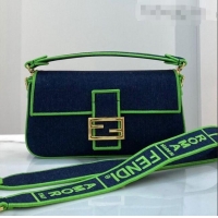 Promotional Fendi Baguette Medium Denim Flap Bag FD0315 Dark Blue/Green 2021