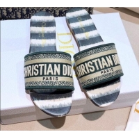 Top Sale Dior Dway Flat Slide Sandals in Green Stripes Embroidered Cotton 050806