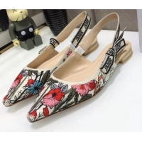 Popular Style Dior J'Adior Slingback Ballerina Flat in Multicolor Mille Fleurs Embroidered Cotton 061106