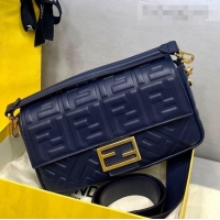 Discount Fendi Baguette Medium FF Logo Lambskin Flap Bag FD0407 Navy Blue 2021