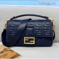 Good Quality Fendi Baguette Large FF Logo Lambskin Flap Bag FD0408 Navy Blue 2021