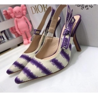 Classic Hot Dior J'Adior Slingback Pumps 9.5cm in Purple D-Stripes Embroidery 061113