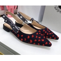 Low Price Dior J'Adior Slingback Ballerina Flat in Navy Blue and Red Hearts I Love Paris Embroidered Cotton 061124