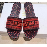 Low Price Dior Dway Flat Slide Sandals in Navy Blue and Red Hearts I Love Paris Embroidered Cotton 061131