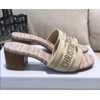 Good Quality Dior Dway Heeled Slide Sandals in Multicolor Stripes Embroidered Cotton 061132