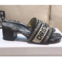 Top Quality Dior Dway Heeled Slide Sandals in Black Around the World Embroidered Cotton 061134