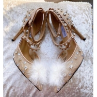 Duplicate Jimmy Choo ODETTE 100 Lace Wraparound Heels Pump with Feather and Crystal 061765 Beige