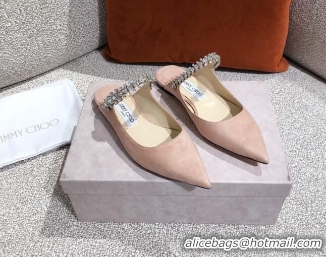 Top Quality Jimmy Choo Suede Crystal Strap Flat Mules 041010 Nude 2021