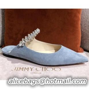 Fashion Jimmy Choo Suede Crystal Strap Flat Mules 041010 Blue 2021