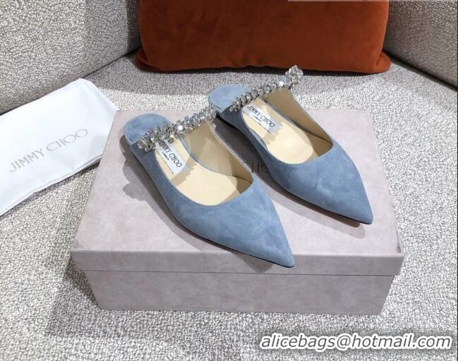 Fashion Jimmy Choo Suede Crystal Strap Flat Mules 041010 Blue 2021