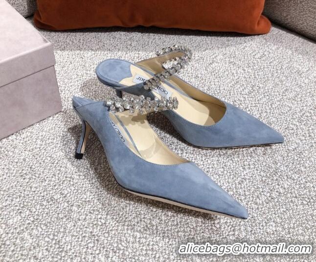 Low Cost Jimmy Choo Suede Crystal Strap Heel Mules 6.5cm 041017 Blue 2021