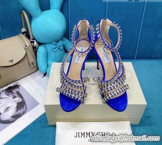 Super Quality Jimmy Choo Crystal Suede Strap Sandals 10cm 050645 Blue 2021