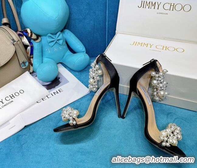 Popular Style Jimmy Choo Pearly Stud Silk Sandals 10cm 050649 Black 2021