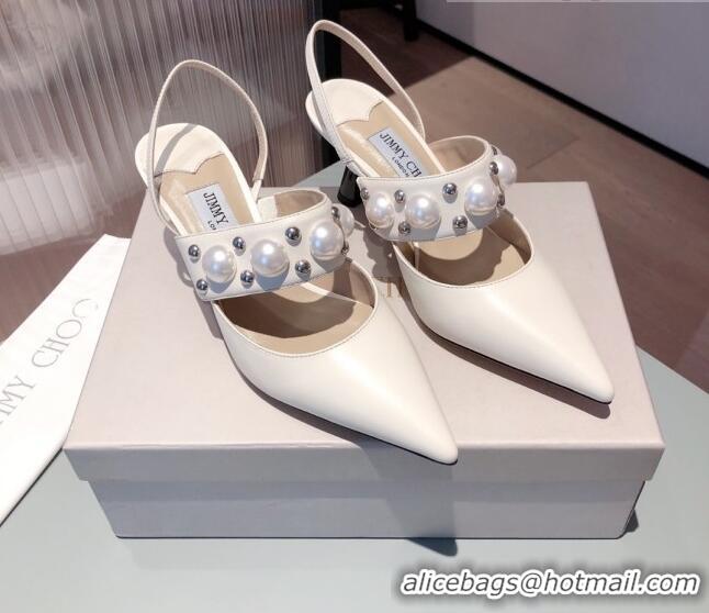 Charming Jimmy Choo Breslin Lambskin Pearl Heel Mules 6.5cm 051055 White 2021