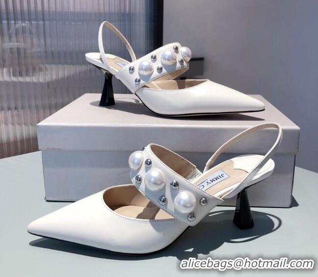 Charming Jimmy Choo Breslin Lambskin Pearl Heel Mules 6.5cm 051055 White 2021