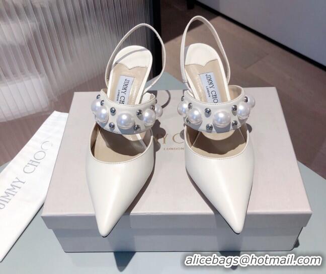 Charming Jimmy Choo Breslin Lambskin Pearl Heel Mules 6.5cm 051055 White 2021