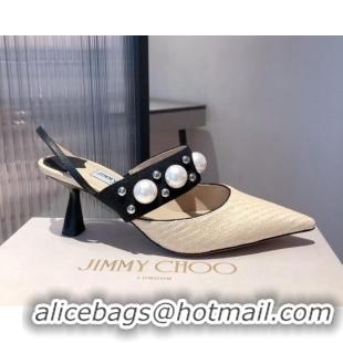 Custom Jimmy Choo Breslin Raffia Pearl Heel Mules 6.5cm 051055 Beige 2021