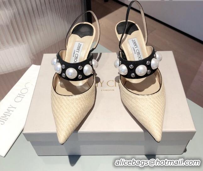 Custom Jimmy Choo Breslin Raffia Pearl Heel Mules 6.5cm 051055 Beige 2021