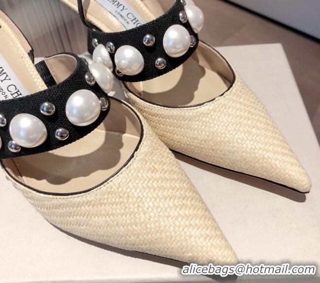 Custom Jimmy Choo Breslin Raffia Pearl Heel Mules 6.5cm 051055 Beige 2021