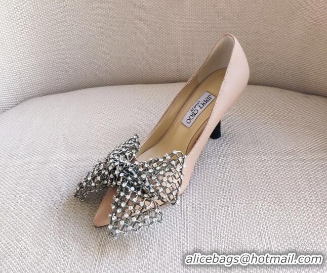 Good Quality Jimmy Choo Mana Lambskin Pumps 8.5cm with Crystal Bow 061201 Pink 2021