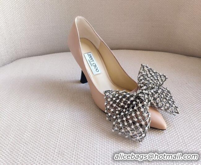 Good Quality Jimmy Choo Mana Lambskin Pumps 8.5cm with Crystal Bow 061201 Pink 2021