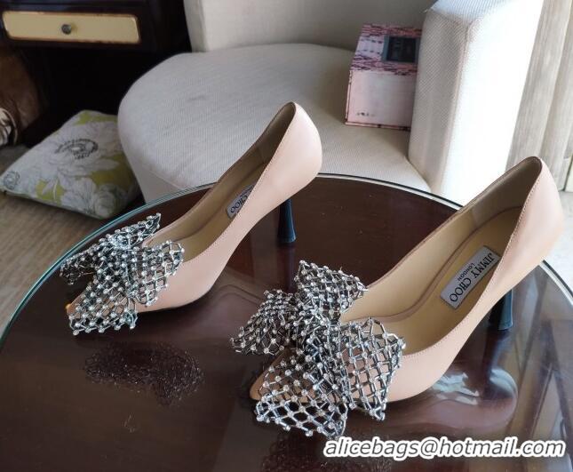 Good Quality Jimmy Choo Mana Lambskin Pumps 8.5cm with Crystal Bow 061201 Pink 2021