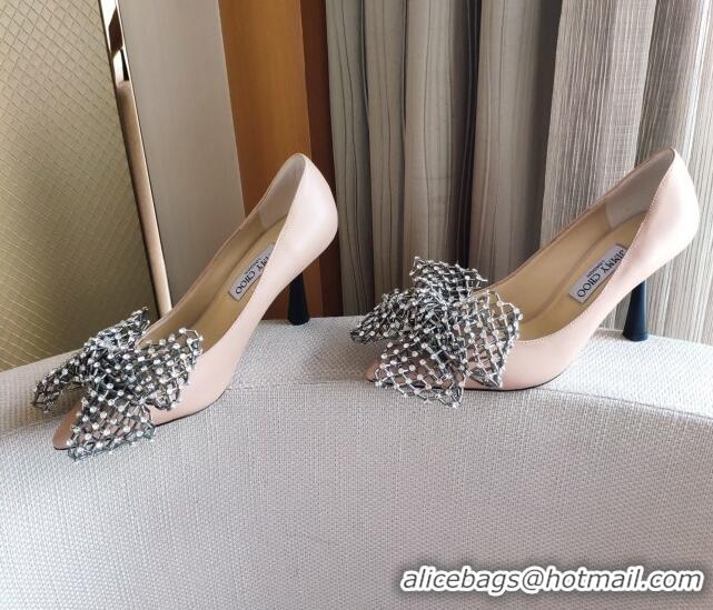 Good Quality Jimmy Choo Mana Lambskin Pumps 8.5cm with Crystal Bow 061201 Pink 2021