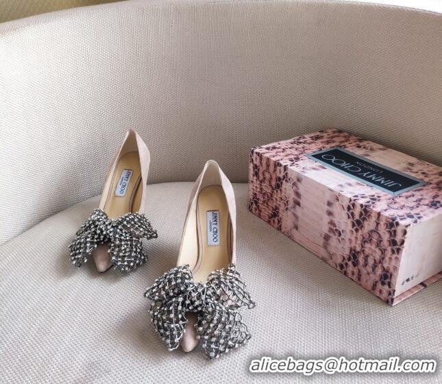 Good Looking Jimmy Choo Mana Lambskin Pumps 8.5cm with Crystal Bow 061201 Pink 2021