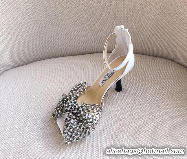 Luxury Jimmy Choo Mana Lambskin Sandals 8.5cm with Crystal Bow 061206 White 2021