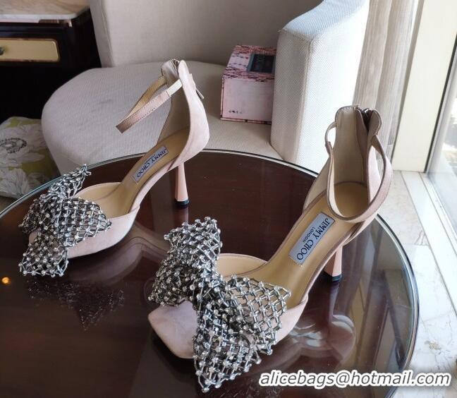 Discount Jimmy Choo Mana Suede Sandals 8.5cm with Crystal Bow 061209 Pink 2021