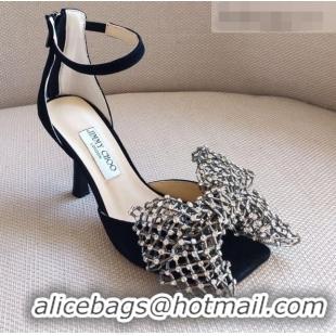 Good Product Jimmy Choo Mana Suede Sandals 8.5cm with Crystal Bow 061209 Black 2021