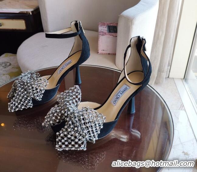 Good Product Jimmy Choo Mana Suede Sandals 8.5cm with Crystal Bow 061209 Black 2021